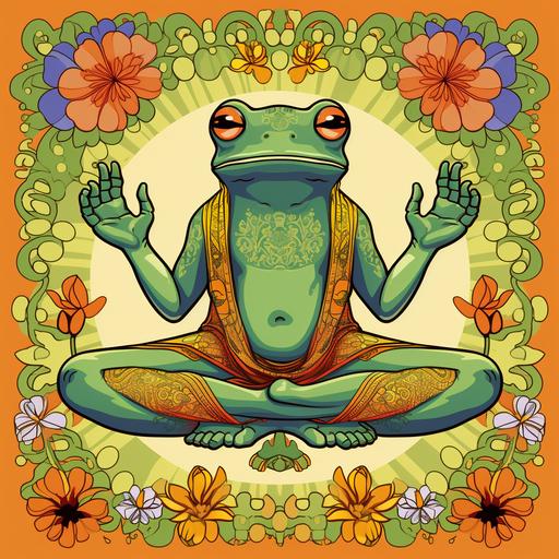 retro frog doing a yoga pose: line art in 60s flower power style: background is white
