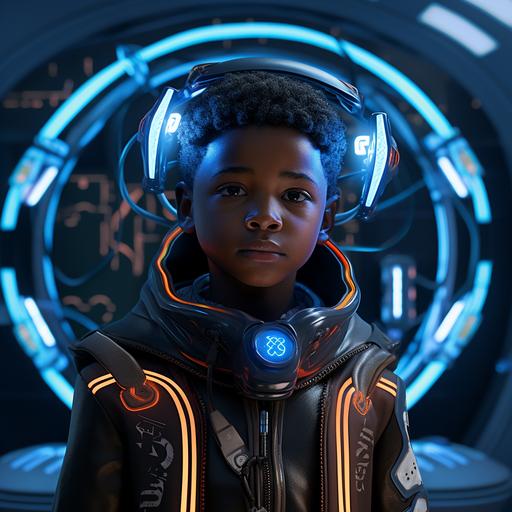 retro futurist close up on a black kid wearing a science fiction sport outfit inside of the lab from the Black PAnther movie Wakanda Forever with a fluorescent blue ring on the ceiling --v 5.2