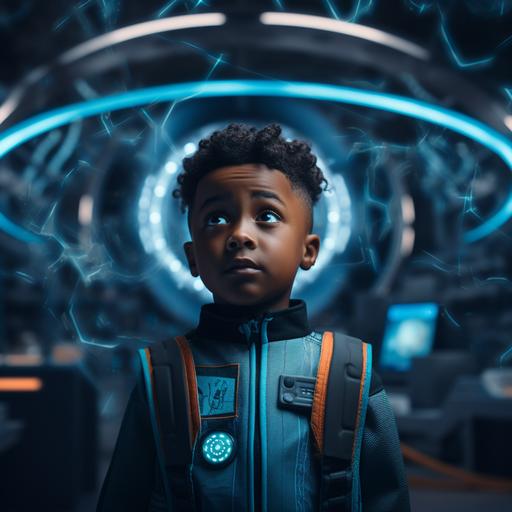 retro futurist close up on a black kid wearing a science fiction sport outfit inside of the lab from the Black PAnther movie Wakanda Forever with a fluorescent blue ring on the ceiling --v 5.2