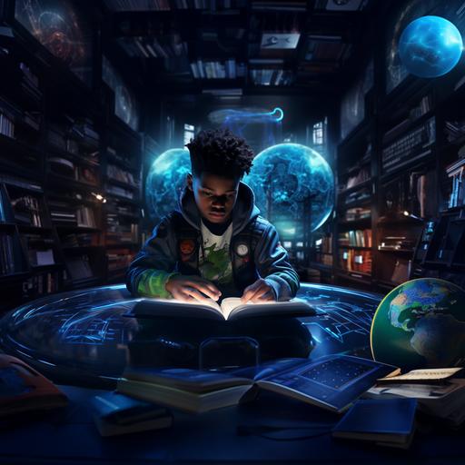 retro futurist close up on a black kid wearing a science fiction sport outfit, studying inside of the lab from the Black PAnther movie Wakanda Forever with a fluorescent blue ring on the ceiling