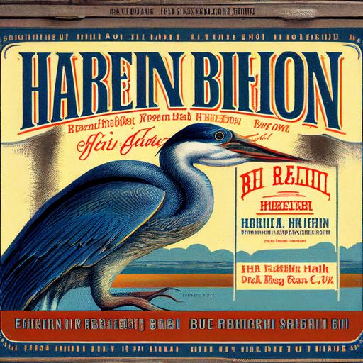 retro great blue heron canned fish crate label, highly detailed --upbeta --v 4