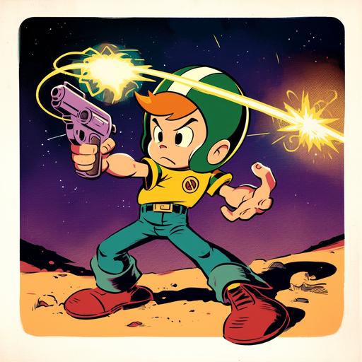 retro halftone comic book panel, young boy on a weird planet with a laser pistol, wearing a green bay packers helmet, square wristwatch, purple t-shirt, blue jeans, & red sneakers. cartoon style of jeff smith, walt kelly, carl barks:: kid in a yellow football helmet with a green stripe, brandishing a pistol with a lightning bolt symbol on the side. halftone print, pointillist, ben day dots, dithered::0.86 --style raw --niji 6 --no visor, football --q 0.5 --c 5.4 --s 199 --sref