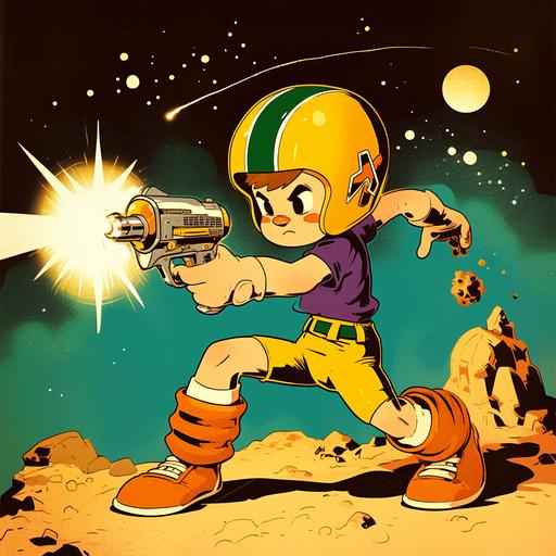 retro halftone comic book panel, young boy on a weird planet with a laser pistol, wearing a yellow football helmet with a green stripe, square wristwatch, purple t-shirt, blue jeans, & red sneakers. cartoon style of jeff smith, walt kelly, ub iwerks, carl barks:: kid in a green bay packers helmet, brandishing a pistol with a lightning bolt on the side. halftone print, pointillist, ben day dots, dithered::0.8 --style raw --niji 6 --no visor, football --q 0.5 --c 4.75 --s 319 --sref