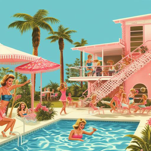 retro illustration, retro design, barbie pool party invitation,