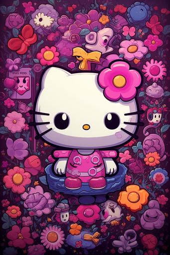 retro manga Hello Kitty and Friends pink and purple colors illustration --ar 2:3