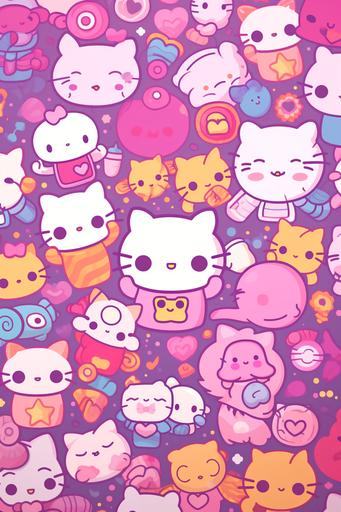 retro manga Hello Kitty and Friends pink and purple colors illustration --ar 2:3