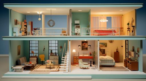 retro mid century modern doll house, architectural disection view, three bedrooms, blues, natural photography, in the style of wes anderson, --ar 16:9