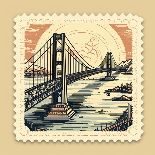 retro outlined cartoon stamp of bridge connecting to inner cities over a large map