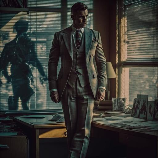 retro photography of a tall and ripped man in the office wearing a vintage double brested suit mad men style, long shadows, insanely detailed and intricate, hyper maximalist, elegant, super detailed, dynamic pose, photography, ultra-detailed, cinematic, cinematic quality, 8k, hdr