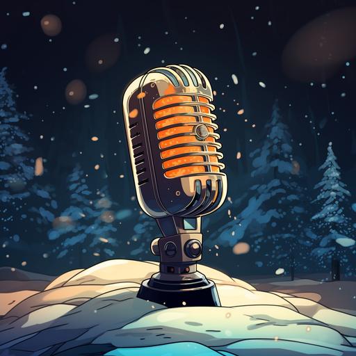 retro radio microphone buried in snow, night, cinematic light, cartoon style