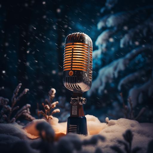 retro radio microphone buried in snow, night, cinematic light,
