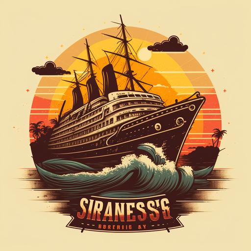 retro sunset cruise ship, reality, logo style