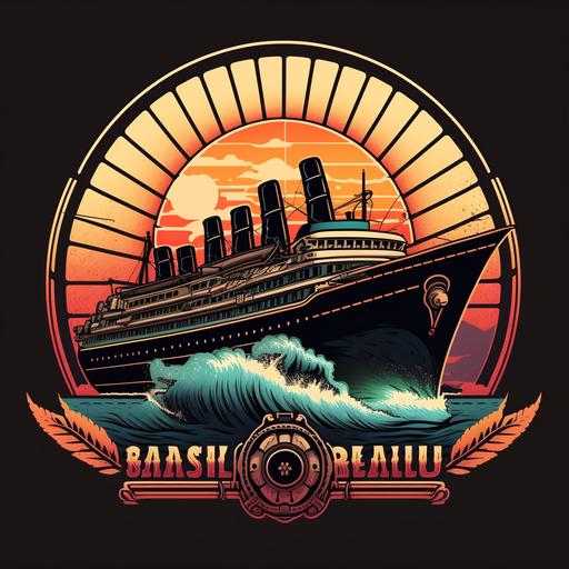 retro sunset cruise ship, reality, logo style