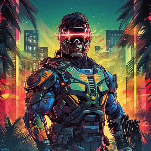 retro video game style cyberpunk 2077 cyborg character wearing 1980s Vietnam army uniform futuristic, neon future, jungle warfare, 8-bit style design, by Jim Lee