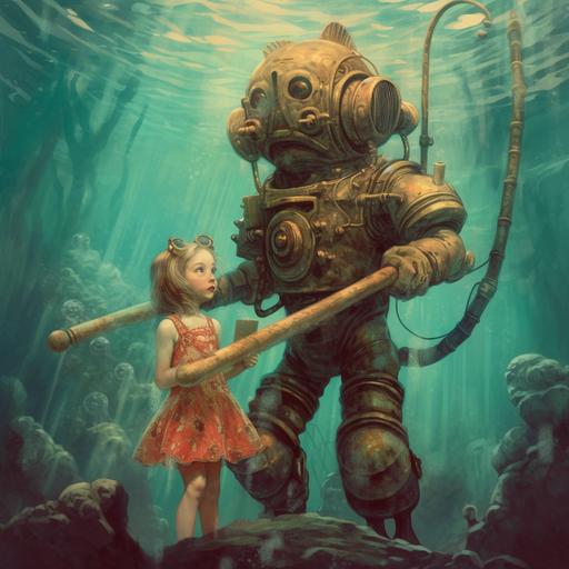 retrofuturistic art deco under water giant man in diver suit with antique dicing helmet and ginat driller in his hand with little girl in dress dark