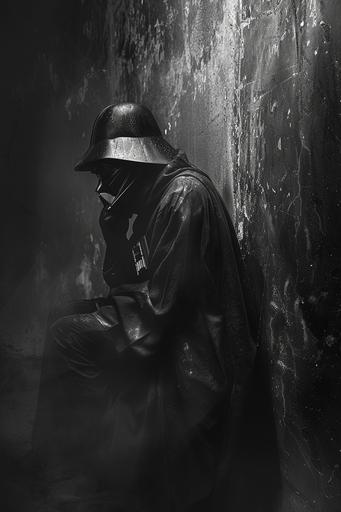 retrofuturistic film noir Darth Vader, somber, depression, dark black, professional black and white portrait photography --ar 2:3 --v 6.0 --s 200