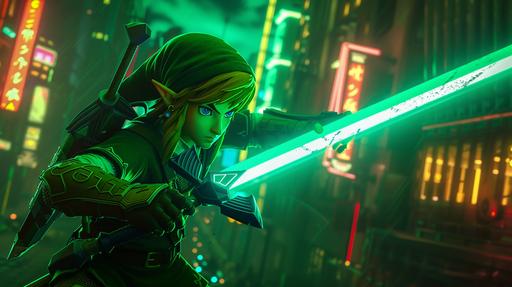 retrofuturistic film noir, Link from Legend of zelda, futuristic city, neon lights, aaa video game, ultra rendering, cutscene, Link with green futuristic military gear, laser master sword in hand, pc gameplay, unreal engine 5 graphics showcase --v 6.0 --ar 16:9