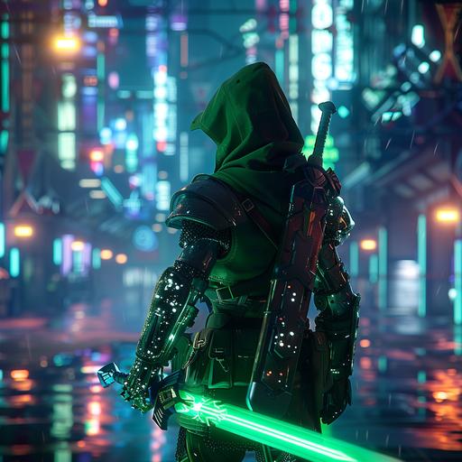 retrofuturistic film noir, Link from Legend of zelda, futuristic city, neon lights, aaa video game, ultra rendering, cutscene, Link with green futuristic military gear, laser master sword in hand, pc gameplay, unreal engine 5 graphics showcase, metal cyborg armor --v 6.0