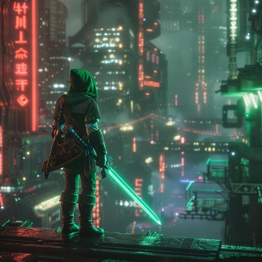 retrofuturistic film noir, Link from Legend of zelda, futuristic city, neon lights, aaa video game, ultra rendering, cutscene, Link with green futuristic military gear, laser master sword in hand, pc gameplay, unreal engine 5 graphics showcase --v 6.0