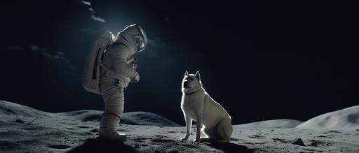 retrofuturistic film noir cinematic shot of a heroic Labrador Retriever in a futuristic astronaut suit, standing on the moon with a flag, gazing towards the vast universe, the Milky Way shimmering in the background --ar 7:3 --v 5.0