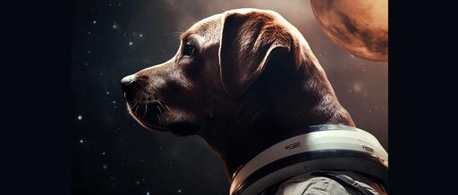 retrofuturistic film noir cinematic shot of a heroic Labrador Retriever in a futuristic astronaut suit, standing on the moon with a flag, gazing towards the vast universe, the Milky Way shimmering in the background --ar 7:3 --v 5.0