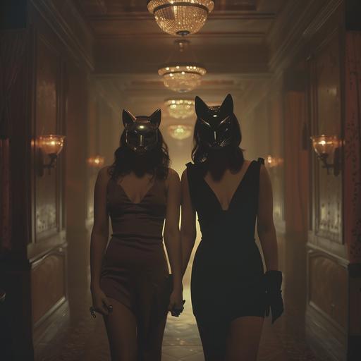 retrofuturistic film noir film still: two women in fox masks hold hands, hayes code breaking depiction of queerness --v 6.0