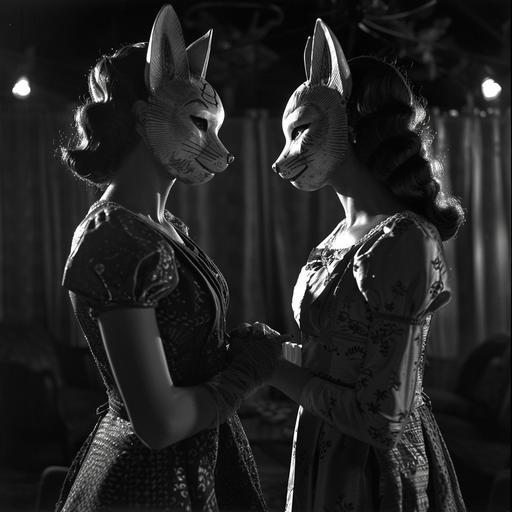 retrofuturistic film noir film still: two women in fox masks hold hands, hayes code breaking depiction of queerness --v 6.0