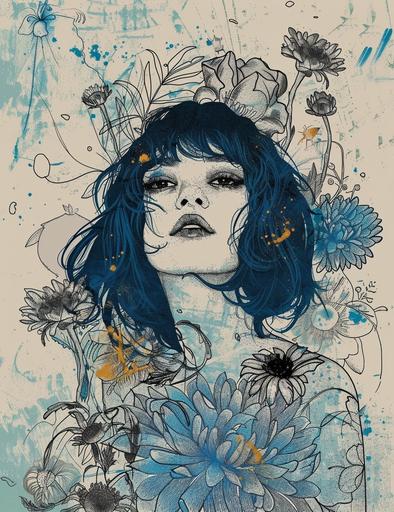 retrofuturistic film noir of a person with blue hair and floral drawings around them. It is an artistic and harmonious representation of nature and human art like image  --ar 17:22 --v 6.0