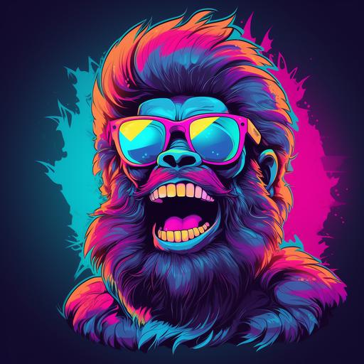 retrowave, bright neon colors, portrait of screaming gorilla with beard wearing sunglasses, round format, vector style
