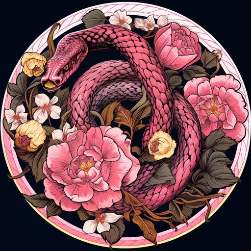 rhinoceros viper illustration, pink aesthetic, Vintage, 1940s sticker, round shaped, in a floral circle frame, Art Nouveau style with long, sinuous lines, asymmetry, and natural objects such as vines, insect wings, and flower stalks, exotic, extravagant, geometric forms, maori patterns and motifs, intricate, contrasting, bold color, natural color, detail and patterns. --ar 1:1