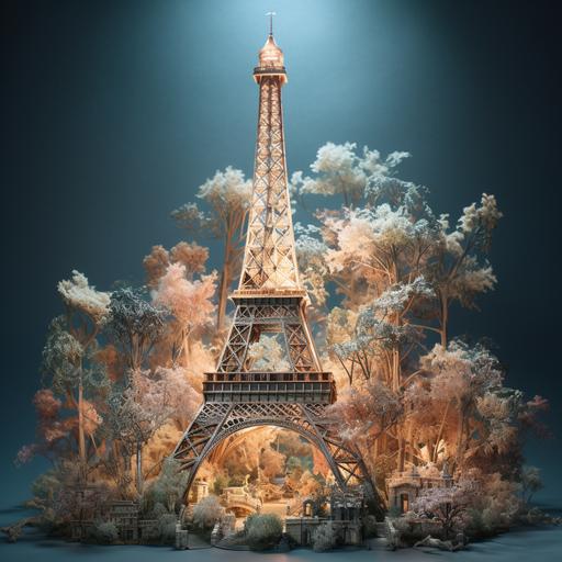 eiffel tower made from christmas tree branches, subtle pastle hues, eerily realistic, lights