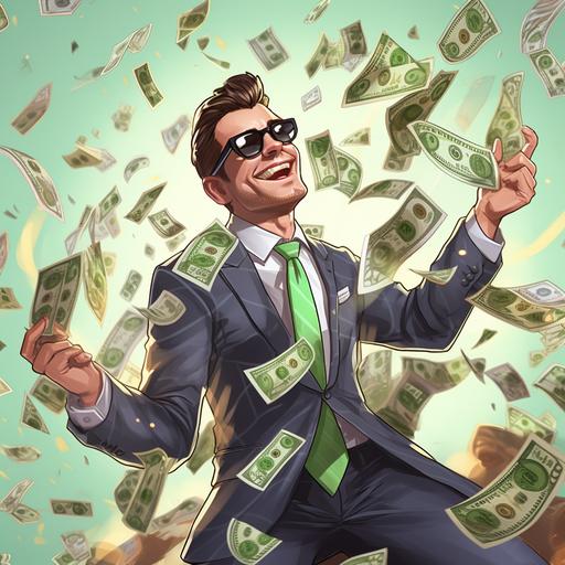 rich man throwing cash around, cartoon character