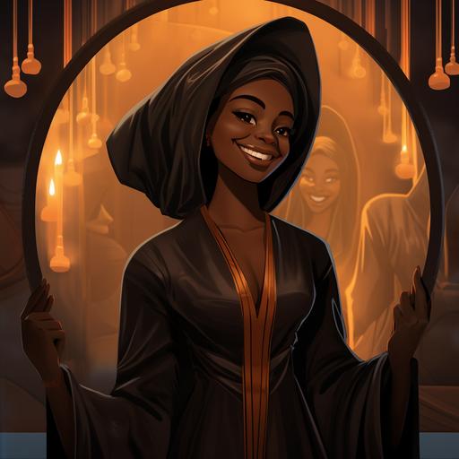 ridiculously dressed african woman in an abaya, grinning wildly at her outfit in a mirror, cartoon style.