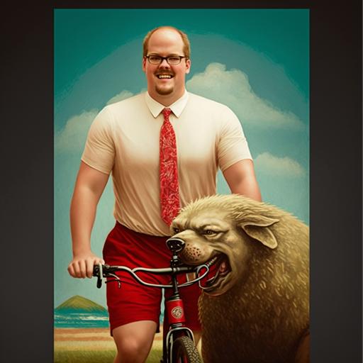 riding bicycle with red shorts and flip flops and dragging a big hairy dog behind him