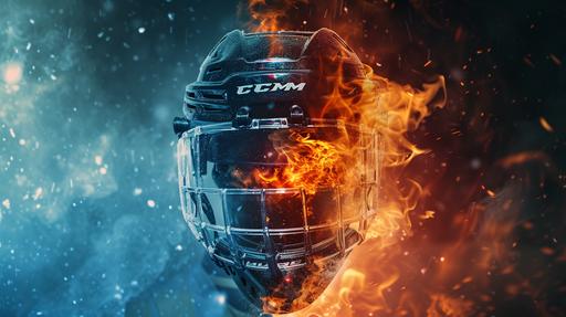ridley scott style apture the dramatic clash of extremes with a photorealistic image of an ice hockey helmet, half-engulfed in ethereal blue ice and the other half ablaze with fierce, crackling flames, symbolizing a frozen fire collision on the rink. --ar 16:9 --v 6.0 --s 50 --style raw