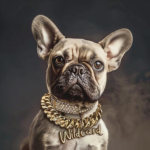 a photo realistic ultra high definition headshot image of a fawn coloured french bulldog wearing a gold chain with diamonds that says 