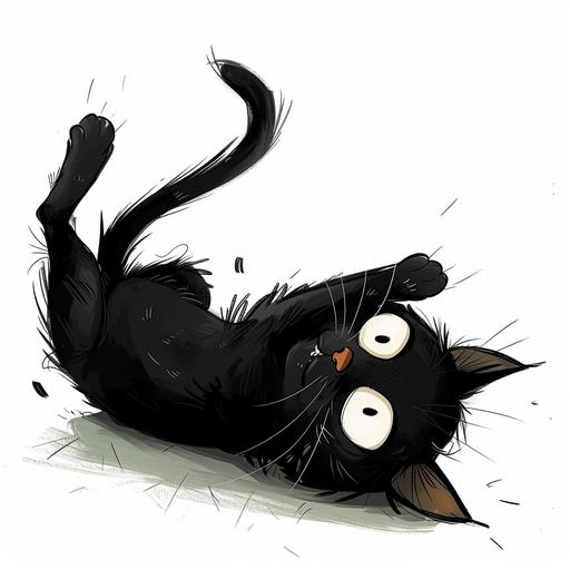 a cartoony drawing of a black cat rolling around against a white background