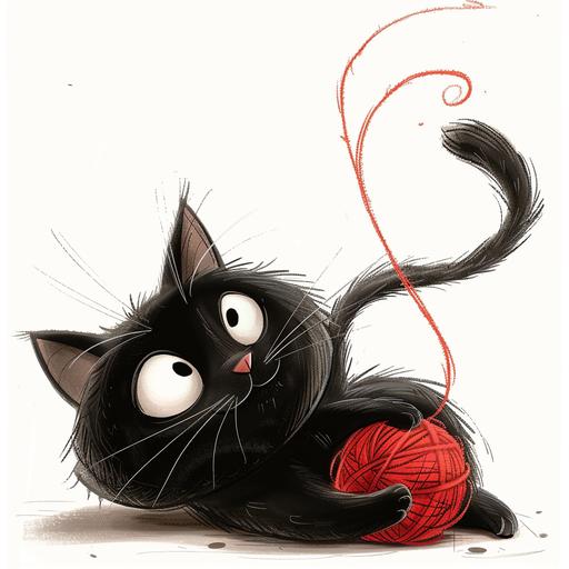 a cartoony drawing of a black cat rolling around playing with a ball of yarn. against a white background