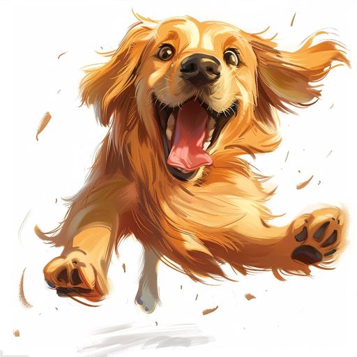 a cartoony drawing of a golden retriever with a lot of energy against a white background