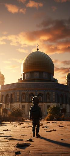 A child standing in front of a military tank during the war, with The Al Aqsa Mosque gleaming under a golden sunrise with the Palestinian flag in the background, Pixar style, realistic, minimal, unreal engine 5, cinematic, beautiful, jungle background, beautiful wallpaper, minimal wallpaper --ar 9:20 --s 250