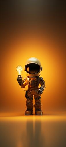 Adorable astronaut glow holding a light bulb, Pixar style, cartoon, minimal, unreal engine 5, cinematic, dark yellow background, beautiful, beautiful wallpaper, minimal wallpaper --ar 9:20 --s 250