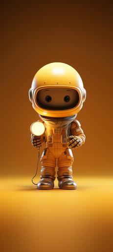 Adorable astronaut glow holding a light bulb, Pixar style, cartoon, minimal, unreal engine 5, cinematic, dark yellow background, beautiful, beautiful wallpaper, minimal wallpaper --ar 9:20 --s 250