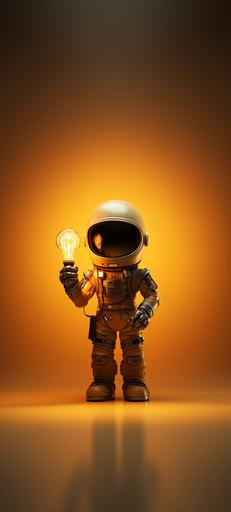 Adorable astronaut glow holding a light bulb, Pixar style, cartoon, minimal, unreal engine 5, cinematic, dark yellow background, beautiful, beautiful wallpaper, minimal wallpaper --ar 9:20 --s 250