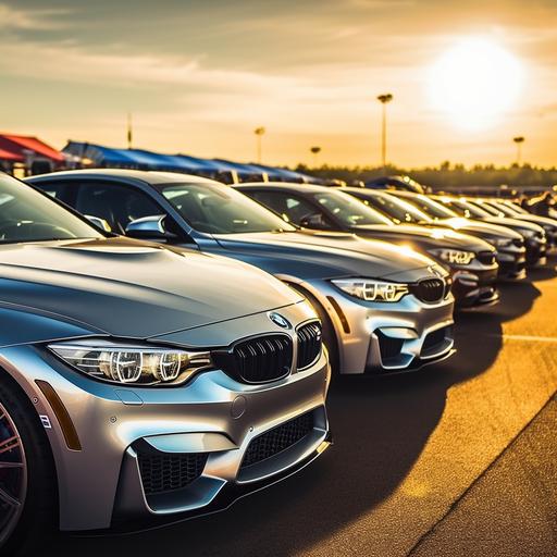 Picture a dynamic race track with a row of modified BMW M Power cars ready to zoom. The cars are polished to perfection, their vibrant colors reflecting the sunlight. In the foreground, a silver BMW M4 stands out, capturing the raw power and elegance of M Power. Superimpose the details of the car meeting (date, location, time) on the top in white bold letters, and place your logo at the bottom right.