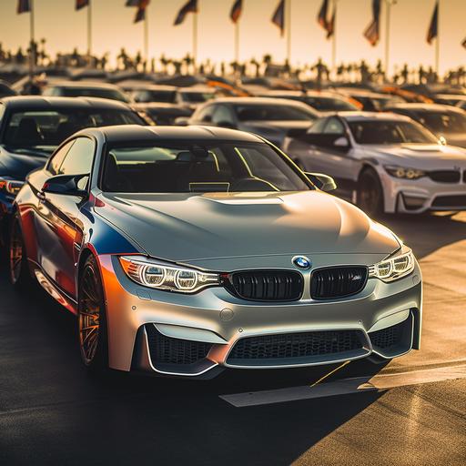 Picture a dynamic race track with a row of modified BMW M Power cars ready to zoom. The cars are polished to perfection, their vibrant colors reflecting the sunlight. In the foreground, a silver BMW M4 stands out, capturing the raw power and elegance of M Power. Superimpose the details of the car meeting (date, location, time) on the top in white bold letters, and place your logo at the bottom right.
