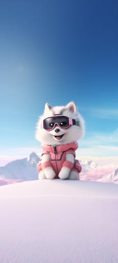 Smile tiny female husky wearing ski patrol on ski slide , minimal, beautiful, Pixar Style, unreal engine 5, cinematic, smooth gradient background, beautiful wallpaper, minimal wallpaper --ar 9:20 --v 5.2