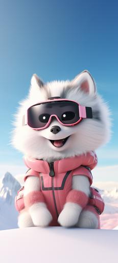 Smile tiny female husky wearing ski patrol on ski slide , minimal, beautiful, Pixar Style, unreal engine 5, cinematic, smooth gradient background, beautiful wallpaper, minimal wallpaper --ar 9:20 --v 5.2