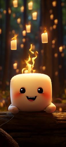 a marshmallow smling and staring at a campfire, Pixar style, cartoon, minimal, unreal engine 5, cinematic, beautiful, jungle background, beautiful wallpaper, minimal wallpaper --ar 9:20 --s 250