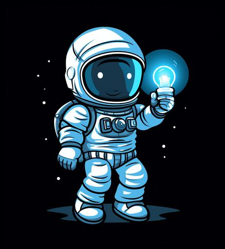 an astronaut cartoon pointing a light bulb in the air, in the style of animated gifs, light blue and light black, study, indian pop culture, code-based creations, captivating, light white --ar 29:32