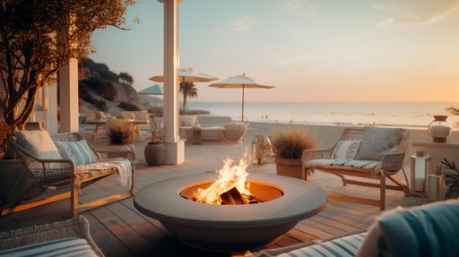 cozy beach house terrace in provance style with fire pit , professional color grading, clean sharp focus, film photography --ar 16:9